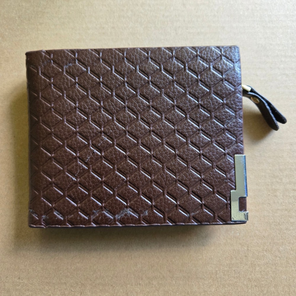 Mens Brown Honeycomb Embossed Bifold Wallet with ID Window and Zipper Pocket